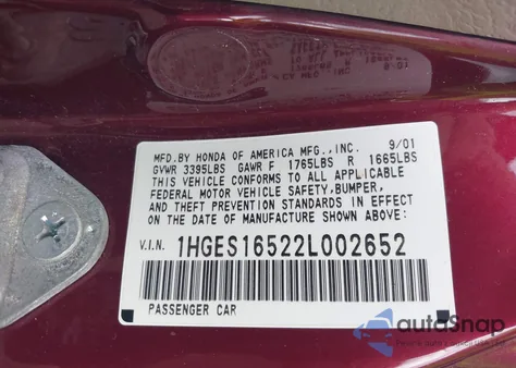 2002 Honda Civic Lx из США, поврежденный, VIN 1HGES16522L002652